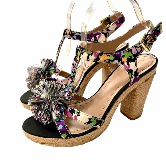 TAHARI Bangle Espadrille Sandals 7.5M Floral Print Jute Spring Summer Festival - Picture 2 of 15